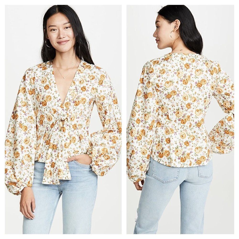 Petersyn Floral Blouse Balloon Long Sleeve V Neck Prairie Cottage Size S